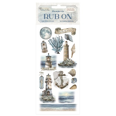 Folha de rub-on com imagens decorativas marítimas e frases em azul e bege