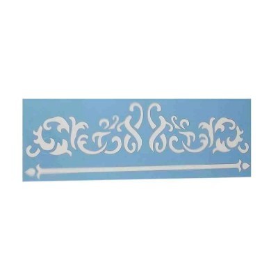 Stencil azul com design decorativo branco de arabescos e linha
