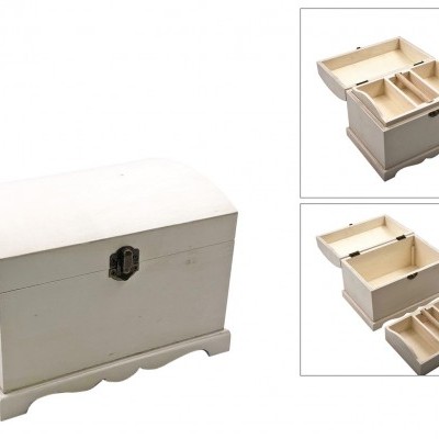 Caixa de madeira branca com fecho metálico e organizadores internos