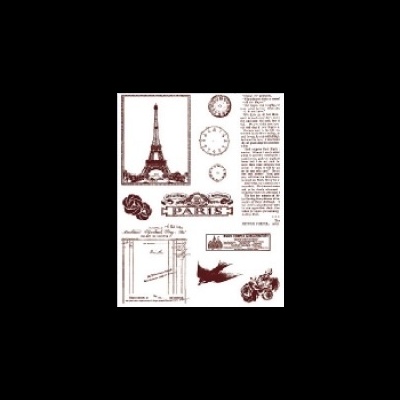 Imagem vintage com gravura da Torre Eiffel e elementos relacionados a Paris