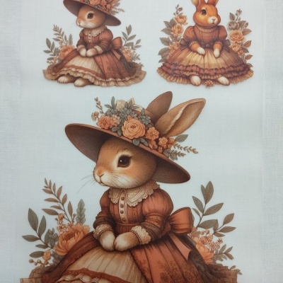 Tecido estampado com coelhos vestidos em roupa antiga cor-de-rosa e castanho com chapéus floridos.
