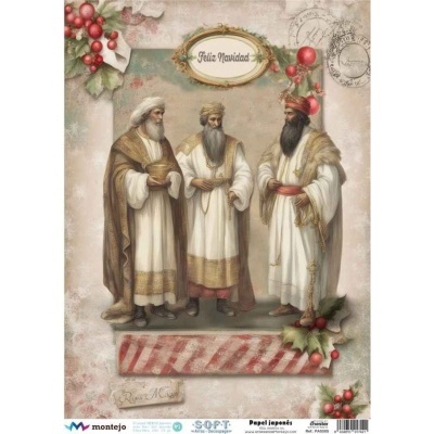 Ilustração dos três reis magos com decoração natalícia e texto Feliz Navidad