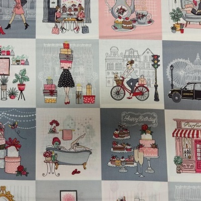 Tecido estampado com cenas urbanas em quadrados coloridos