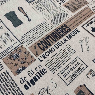 Pano com padrão de recortes de jornais antigos de moda e costura em tons bege e castanho