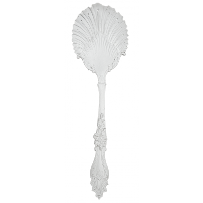 Colher decorativa branca com cabo e parte superior ornamentados