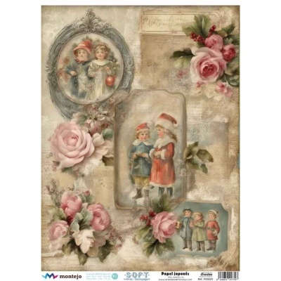 Folha decorativa vintage com crianças e flores rosa