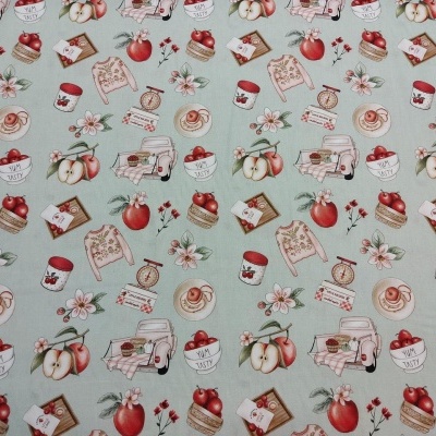 Tecido azul claro com padrão de utensílios de cozinha e frutas