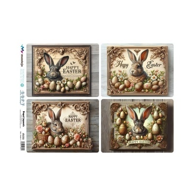 Placas decorativas de Páscoa com coelhos, ovos coloridos e texto HAPPY EASTER