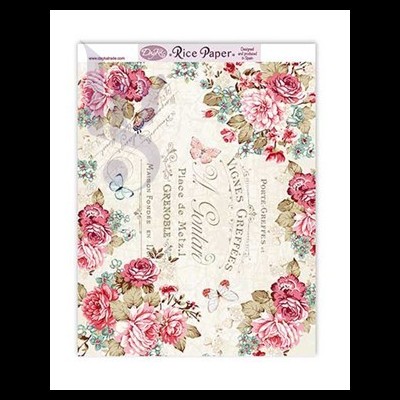 Papel de arroz com padrão floral e texto decorativo