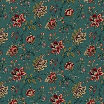 Pano com padrão floral vintage em fundo verde-azulado com flores coloridas