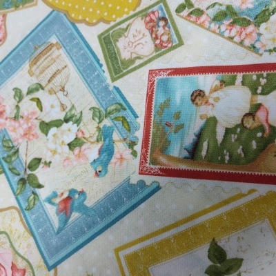 Tecido com padrão floral e figuras decorativas coloridas com uma menina em vestido branco