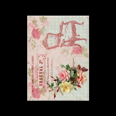 Ilustração vintage com cadeira rosa, flores coloridas e texto decorativo em fundo azul claro com bolinhas.