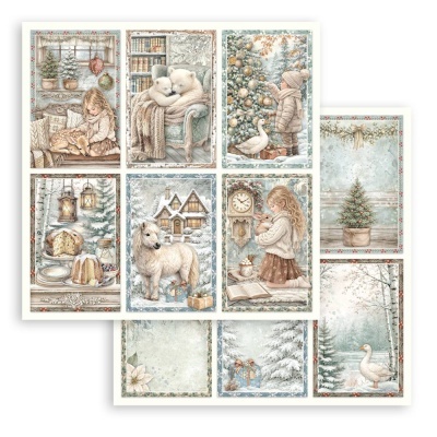 Postais natalícios com ilustrações de inverno e crianças