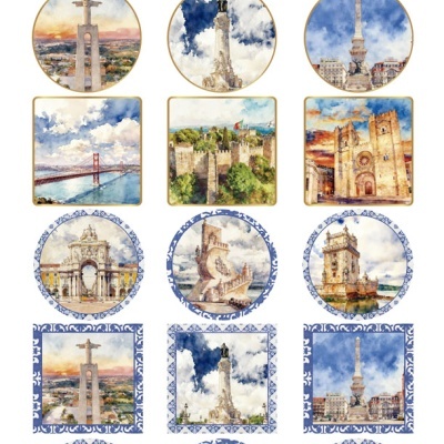 Ilustrações aquarela de marcos históricos de Lisboa em arranjo decorativo com bordas azuis