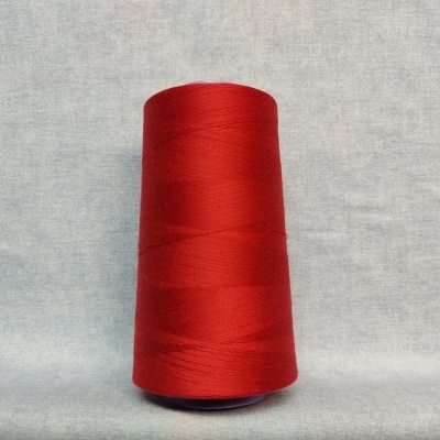 Cone de linha vermelha sobre tecido claro