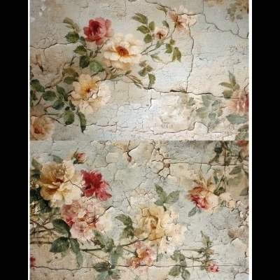 Papel de parede floral vintage com textura rachada e flores coloridas