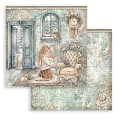 Papel decorativo vintage com menina, coelho, ovelha e decoração festiva.