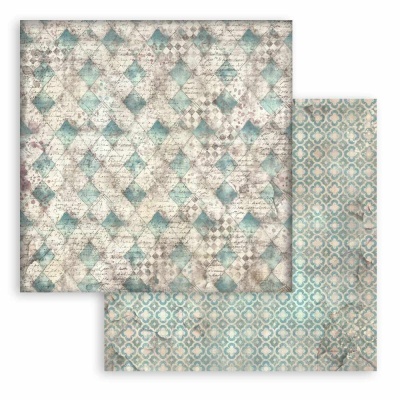 Papel decorativo com padrões geométricos em azul e bege