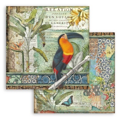 Papel decorativo com imagem de tucano e padrões vintage e azulejos.