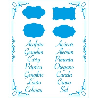 Etiquetas azuis com nomes de especiarias em português