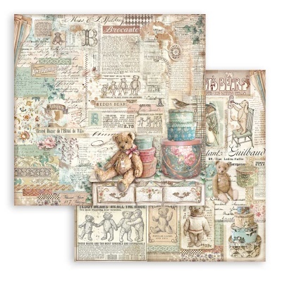 Papel decorativo vintage com desenhos e textos sobre ursos de pelúcia em tons pastel