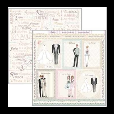 Folhas de papel decorativo com ilustrações e texto sobre casamento em tons pastel