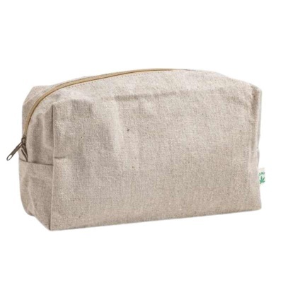 Necessaire bege claro com fecho de correr dourado e etiqueta verde