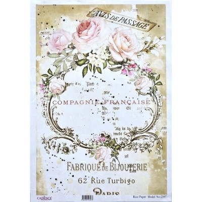 Papel decorativo vintage com flores rosas e moldura ornamental dourada e texto em francês.