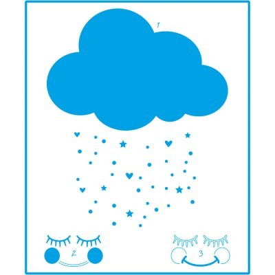 Nuvem azul a chover estrelas, corações e pontos sobre duas carinhas sorridentes em fundo branco com moldura azul