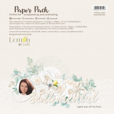 Pack de papel scrapbooking Lemoncraft Paper Pack Sentimental com padrão de rosas brancas e folhagem azul-verde
