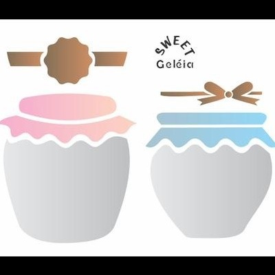 Desenho de dois frascos de geléia com tampas coloridas rosa e azul e etiquetas decorativas.