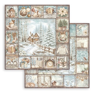 Papel decorativo de Natal com padrão de inverno em tons pastel e imagens de animais, casa e enfeites