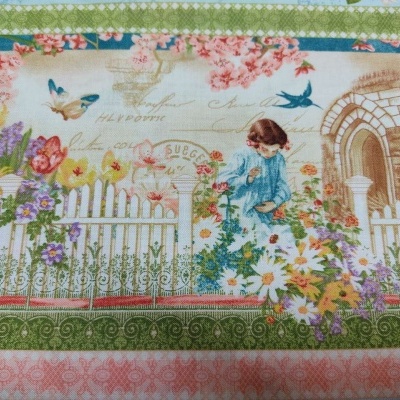 Tecido com padrão de jardim, criança, flores, pássaros, cerca branca e arco de pedra