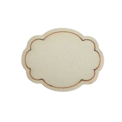 Etiqueta branca oval com bordas onduladas e linha castanha