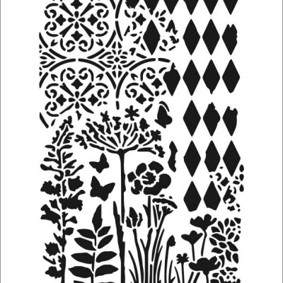 Molde de stencil com padrões florais e geométricos em preto sobre fundo branco, número 163