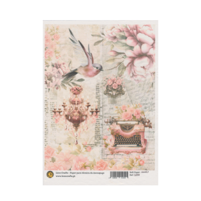 Papel decorativo para decoupage com pássaro, flores, candelabro e máquina de escrever vintage em tons rosa e bege
