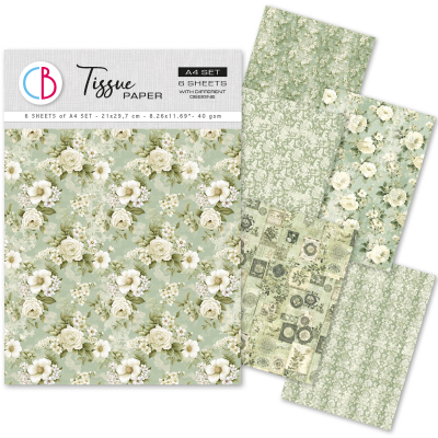 Pacote de papel tissue A4 com desenhos florais verdes e bege