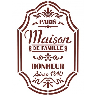 Etiqueta decorativa em tons de castanho com texto em francês em fundo branco.