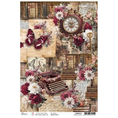 Imagem decorativa vintage com máquina de escrever, relógio, livros, borboleta e flores