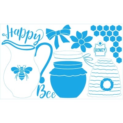 Elementos gráficos em azul e branco relacionados com abelhas e mel