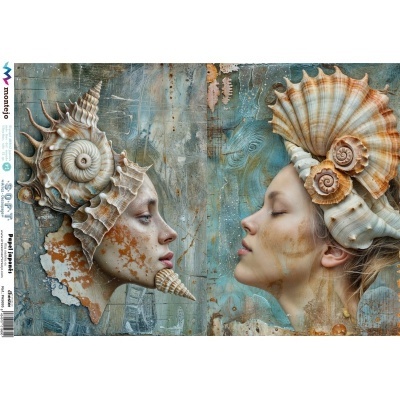 Duas mulheres de perfil com conchas grandes na cabeça em fundo texturizado