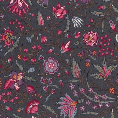 Tecido cinzento escuro com padrão floral colorido