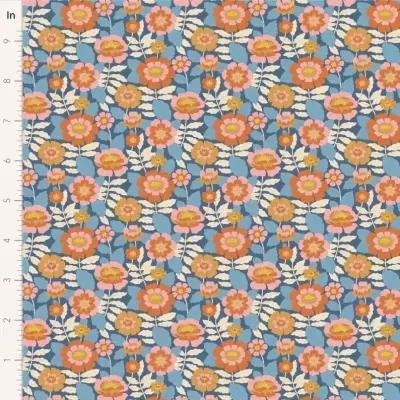 Tecido floral azul com flores laranja, rosa e amarelas e folhas brancas