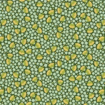 Padrão têxtil verde com flores amarelas e folhas claras