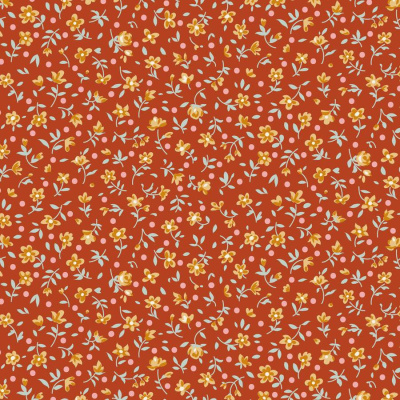 Tecido com padrão floral colorido em fundo vermelho alaranjado