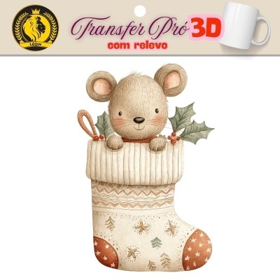 Transfer para cerâmica com desenho 3D de meia de Natal e rato