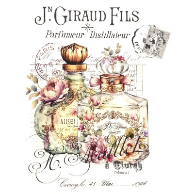Duas garrafas de perfume vintage com decoração floral e texto em francês antigo