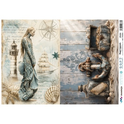 Montagem com mulher vestida em azul com escamas e objeto metálico enferrujado com conchas