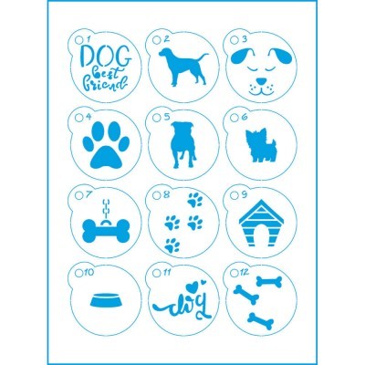 Desenhos azuis de cães com números e ícones variados