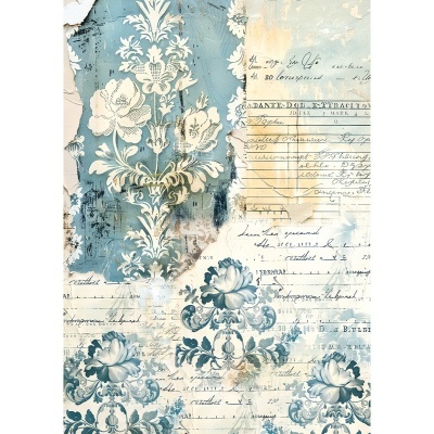 Papel de parede com padrão floral vintage azul e bege, texto manuscrito